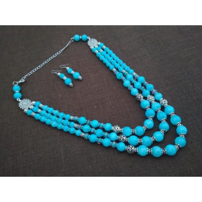 Necklace Patsyorka and earrings of aquamarine gemstone 3 threads